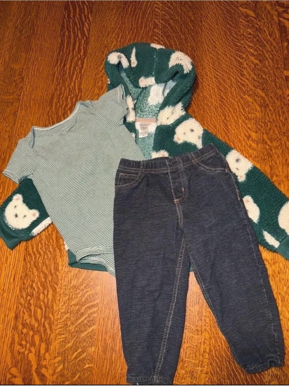 Cozy Green Bear Hooded Jacket & Green Striped Top Set for Kids